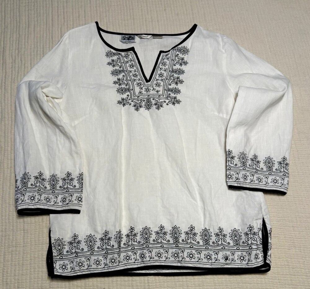 Edward Women’s Linen Tunic Blouse M White/Black Embroidered Split 3/4 Sleeve